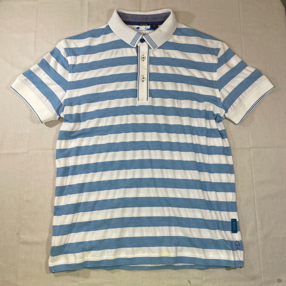 Hugo Boss BOSS Regular Fit Pima Cotton Striped Polo Shirt White Blue Mens L